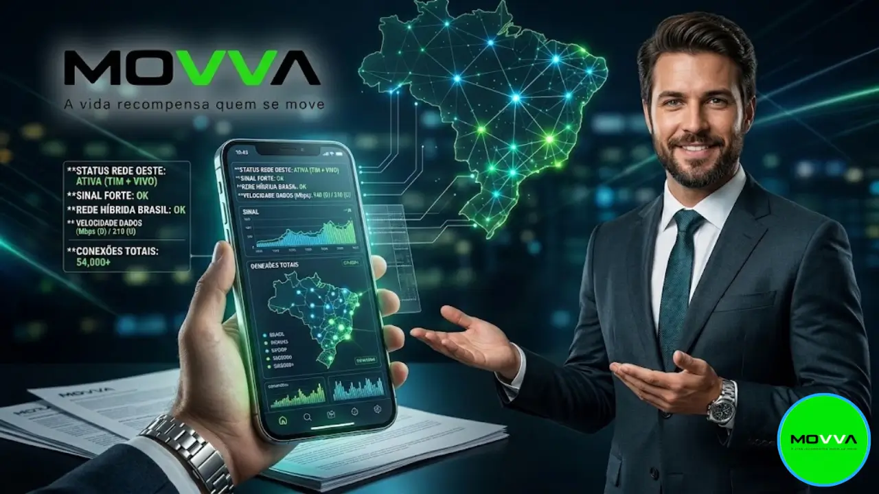 Empreendedor de sucesso segurando smartphone com painel de controle da operadora híbrida MOVVA Brasil Telecom.