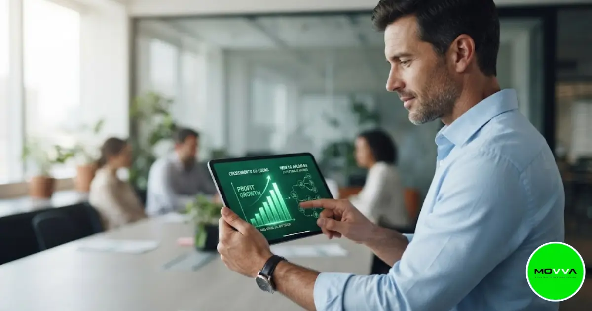 Empreendedor analisando gráfico de rede e lucros recorrentes em um tablet moderno com a logo discreta da operadora digital MOVVA Brasil.