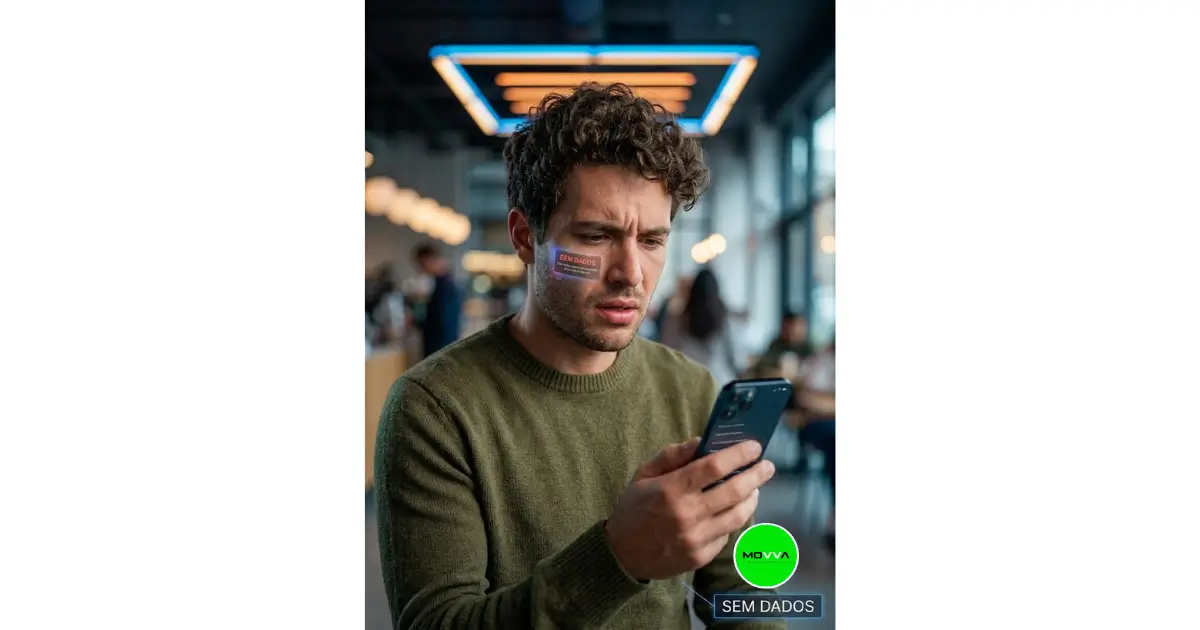 Pessoa jovem frustrada olhando para a tela de um smartphone com notificação de franquia de internet esgotada.