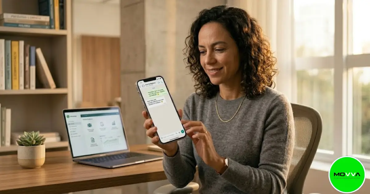 Mulher sorrindo ao usar o aplicativo WhatsApp em um smartphone moderno dentro de um escritório iluminado.