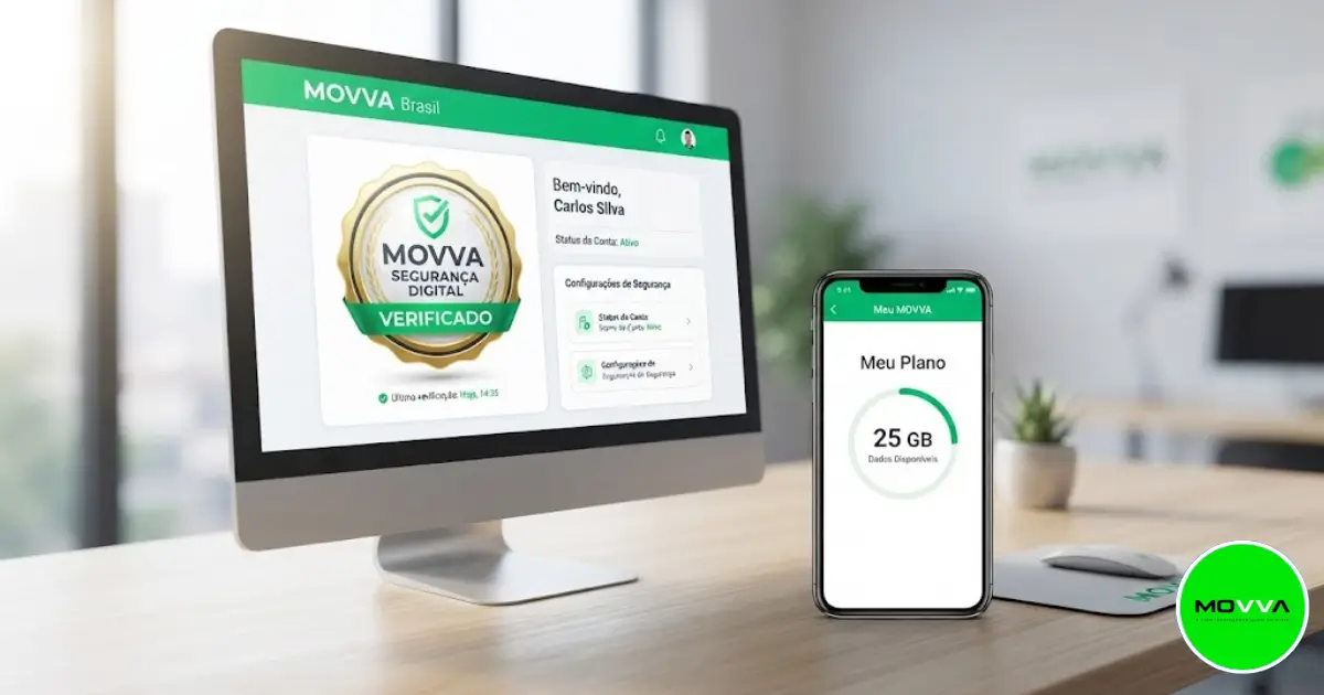 Interface de computador exibindo selo de segurança digital e smartphone com plano de 25 GB da MOVVA Brasil ativo sobre mesa de trabalho limpa.