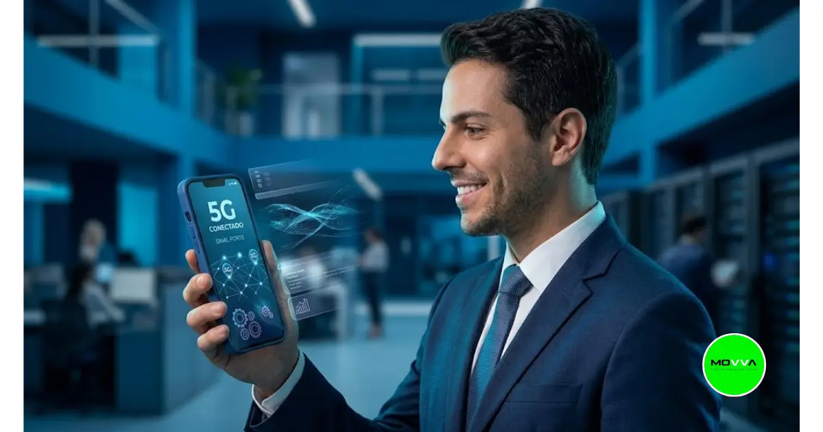 Homem utilizando smartphone moderno conectado à internet 5G da operadora MOVVA Brasil em alta velocidade.