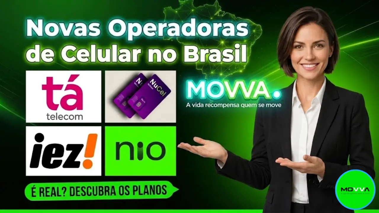 Infográfico moderno exibindo as novas operadoras de celular no Brasil em 2026, destacando a NuCel, Tá Telecom, Nio e a tecnologia de chip inteligente híbrido da MOVVA com conexão dupla.