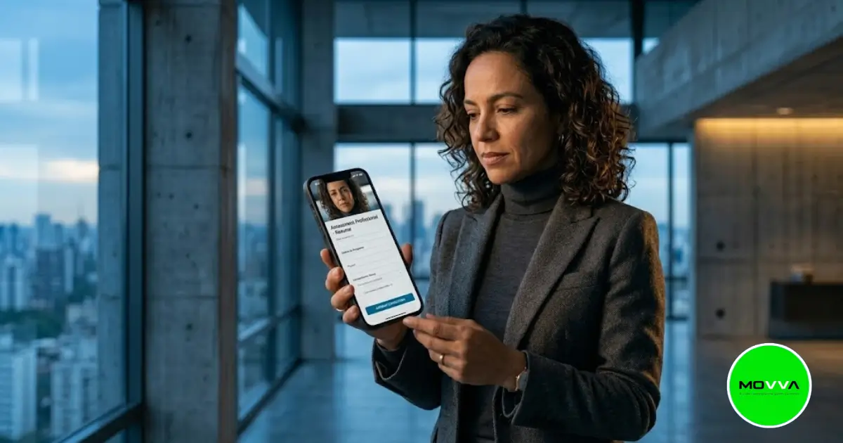 Profissional segurando um smartphone com sinal estável e potente dentro de um moderno edifício corporativo de concreto.