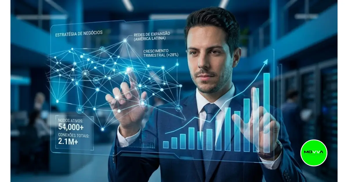 Executivo analisando gráfico de rede e crescimento de faturamento na matriz da operadora MOVVA Brasil.