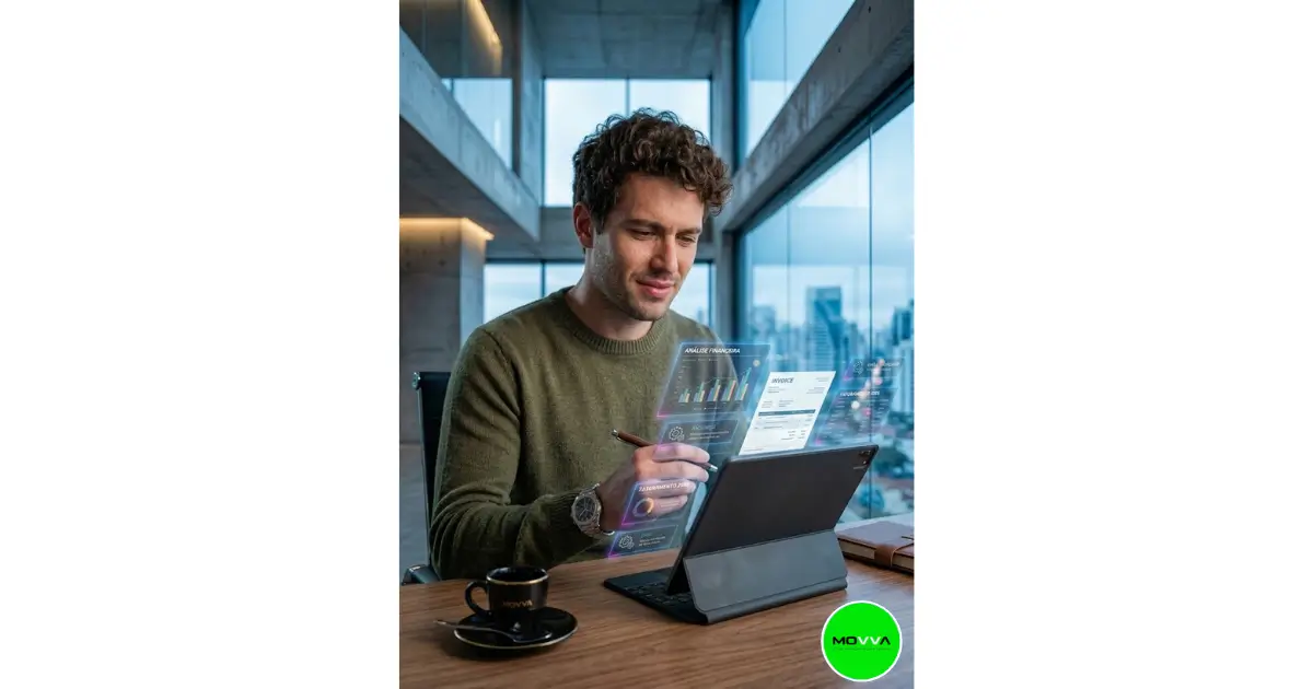 Profissional avaliando finanças e faturas digitais em um tablet dentro de um escritório moderno e iluminado.