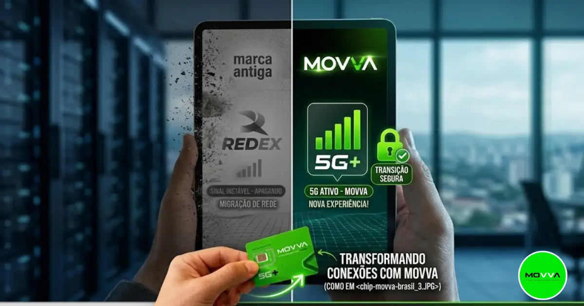 Infográfico conceitual mostrando a transição segura de sinal telefônico de operadoras antigas para a rede hibrida MOVVA Brasil.