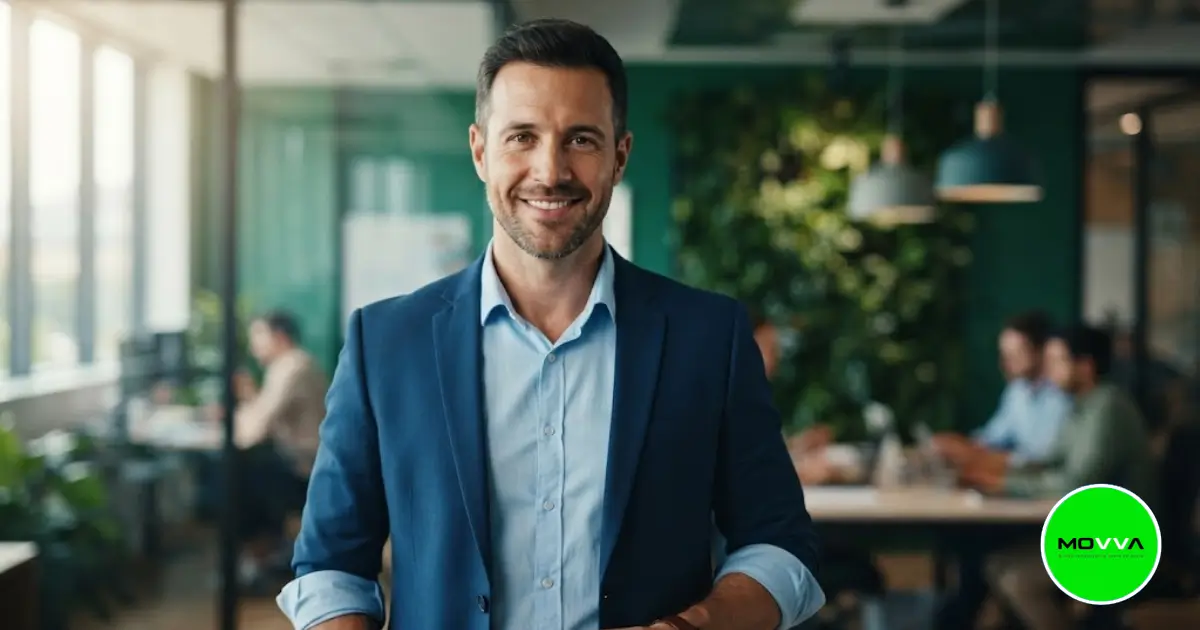 Empreendedor sorridente segurando smartphone mostrando ativação de plano eSIM da MOVVA Brasil em ambiente corporativo moderno.