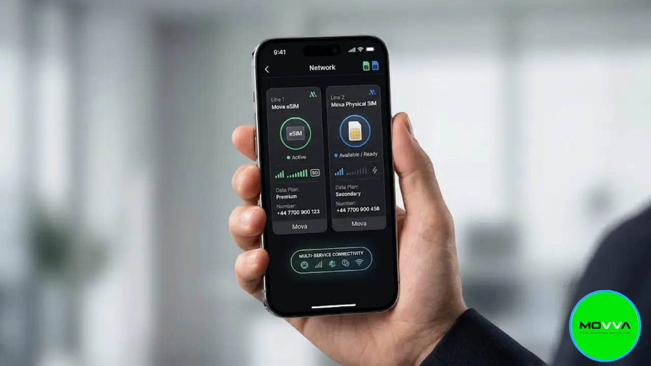 Comparativo entre chip físico tradicional de plástico e ícone de chip virtual eSIM flutuando ao lado de smartphone moderno da MOVVA Telecom.