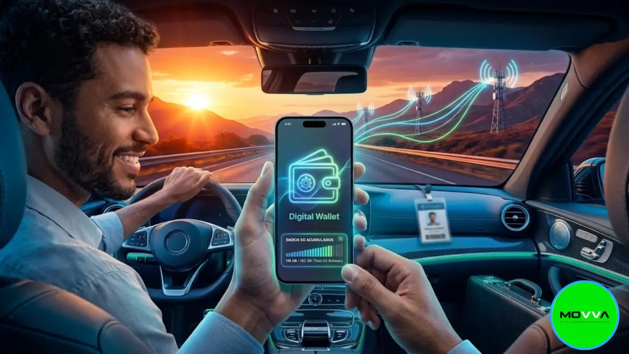 Smartphone exibindo aplicativo com saldo de gigas acumulativos e dados móveis de internet da MOVVA Telecom.