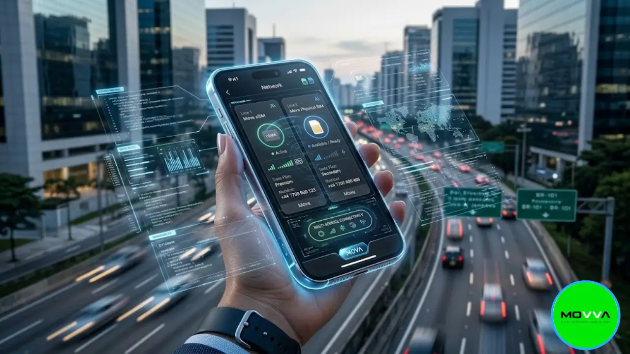 Smartphone moderno exibindo o aplicativo da Movva Telecom com tela de Sinal Duplo Híbrido e pacotes de Gigas Acumulativos no Brasil.