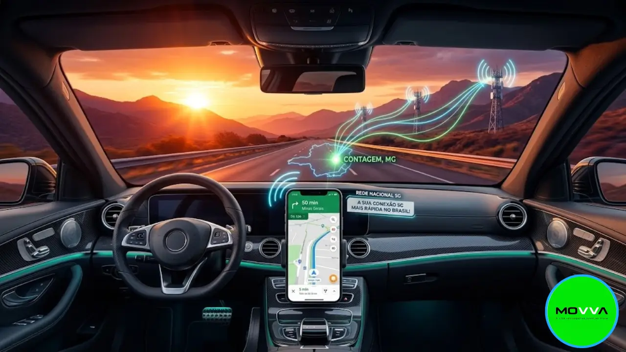 Smartphone em suporte de carro exibindo GPS conectado e sinal de celular no máximo durante viagem em rodovia com tecnologia de troca automática de torre da MOVVA Telecom.