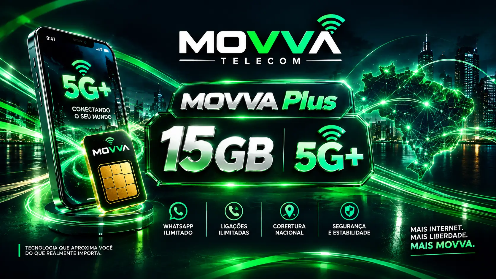Plano Movva Plus 15GB por R$ 73,90 mensais com WhatsApp ilimitado e tecnologia 5G+